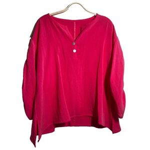 Fridaze Hot Pink‎ Linen Pearl Button Ruffle Sleeves Top Sz 40 XS Travel Resort